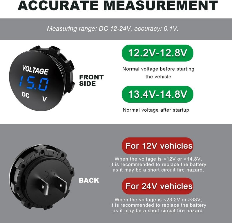 FSTURIOS DC 12V 24 V Voltmeter Gauge, Car LED Digital Display Round Panel Voltage Gauge Meter, Waterproof Mini Volt Tester Battery Monitor Indicator for Car Truck Marine Boat (Blue) - Image 3